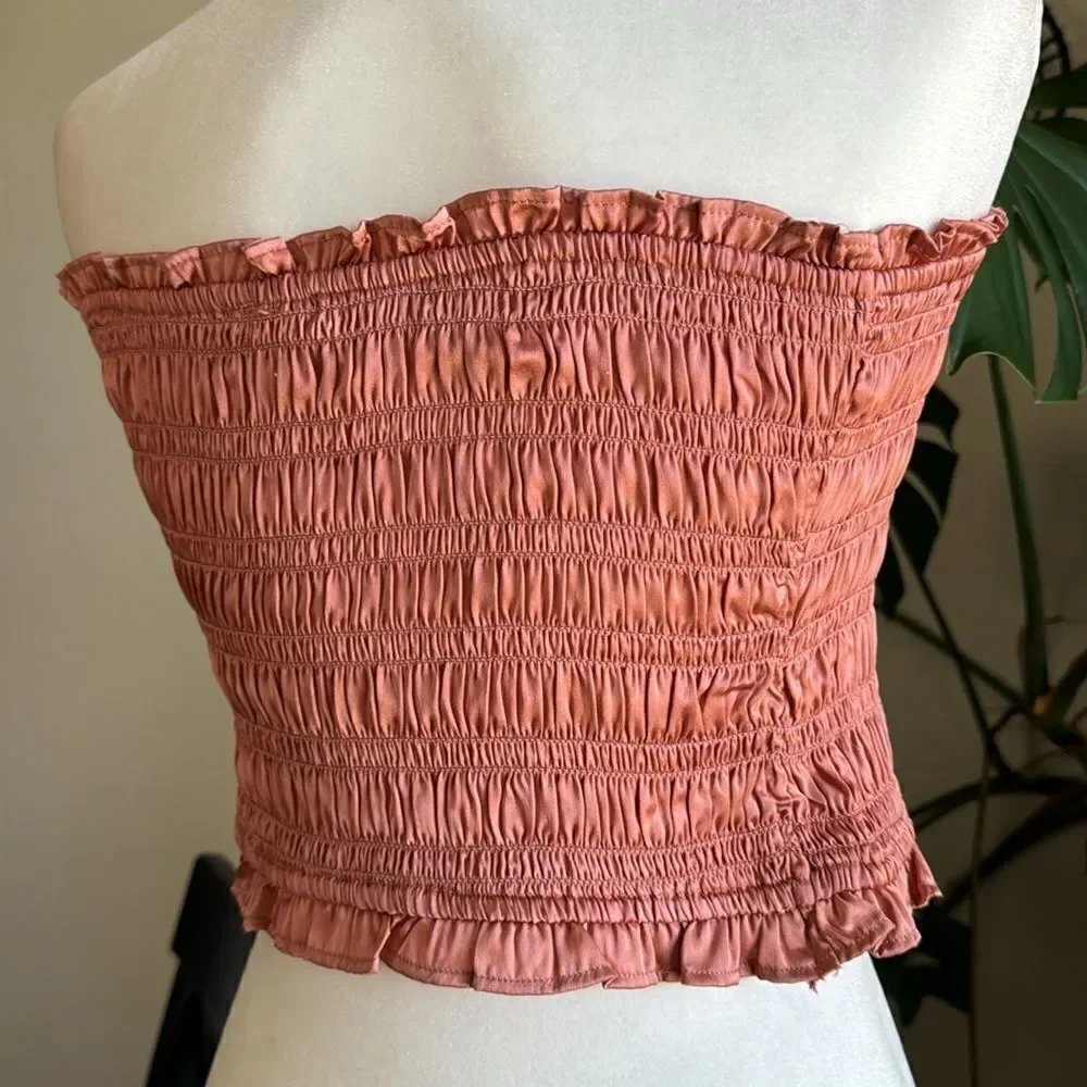 NWOT Free People Be Right Back Tube Smocked Ruffled Rose Gold Strapless Shiny